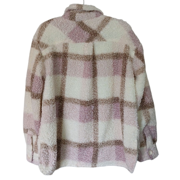 Mable Anthropologie Plaid Sherpa Barn Button Down Jacket Pink Cream Medium - Picture 2 of 9